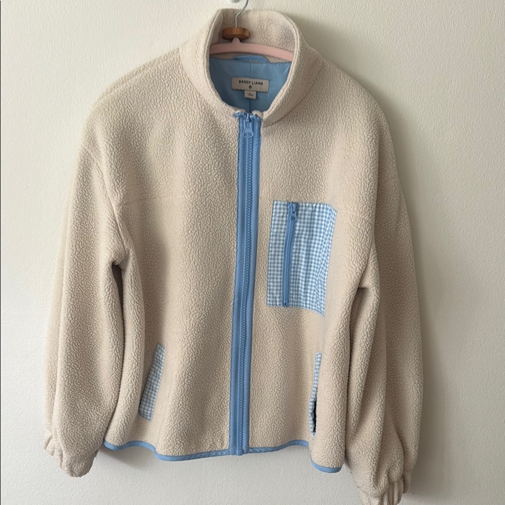 Sandy Liang Cream and Blue Teddy Jacket with Fleece Material